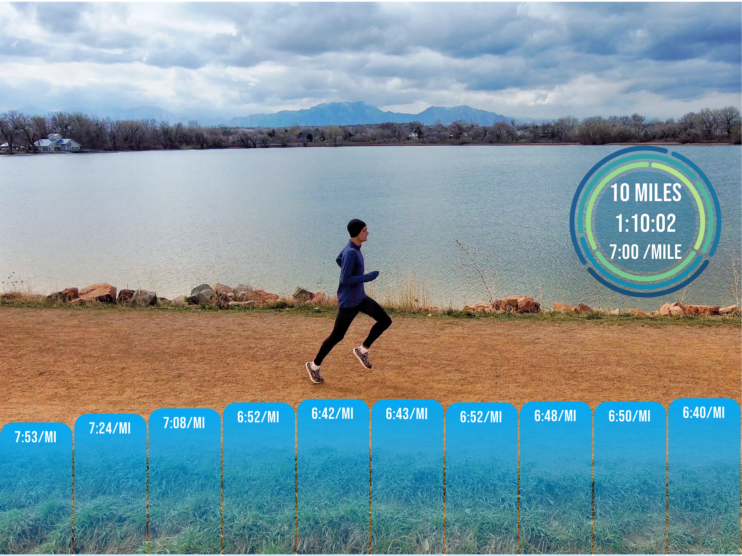 Lakeside runner with pace splits chart and circular stats ring